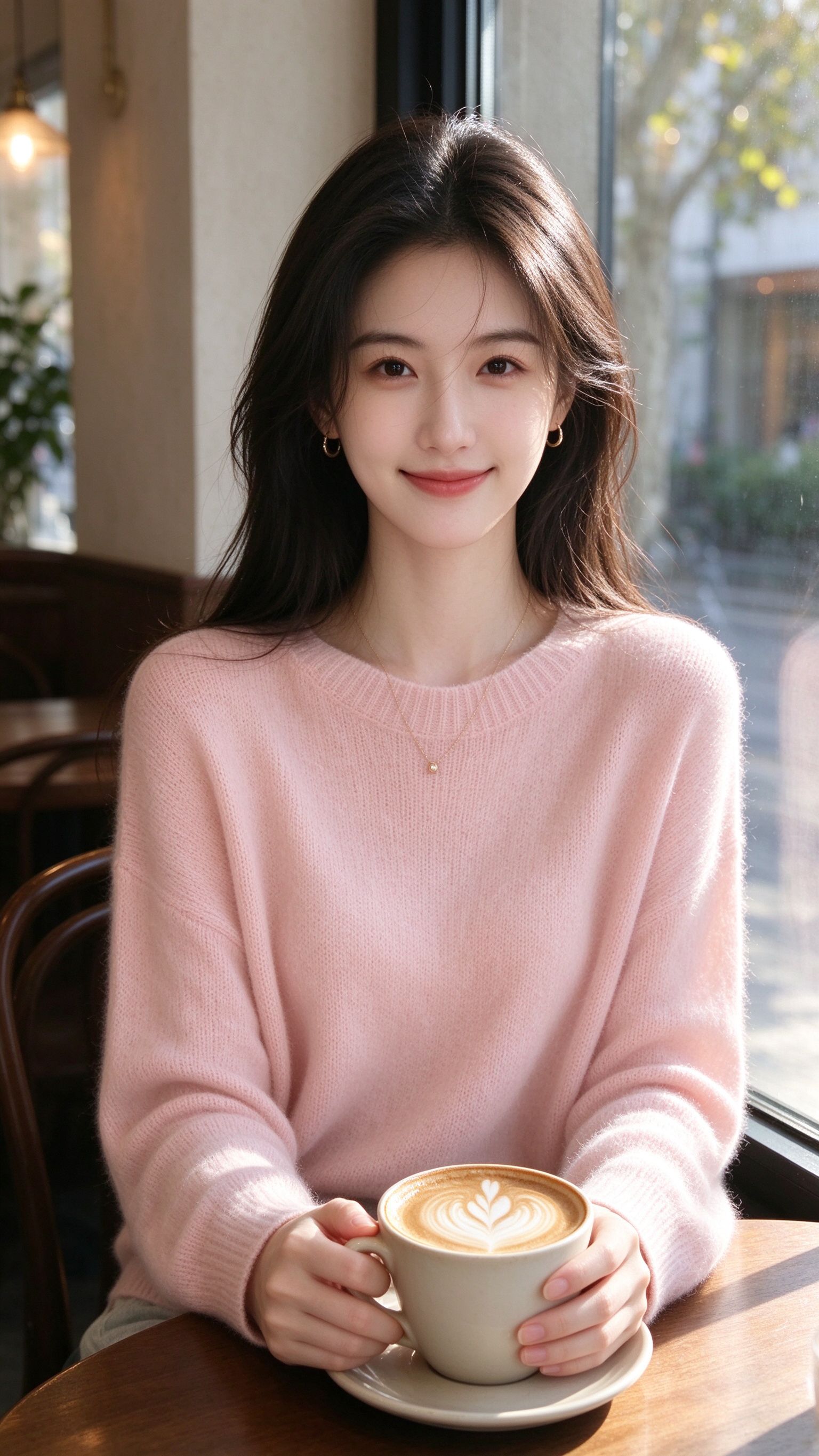 晨光咖啡馆窗边温柔女主播真人写真